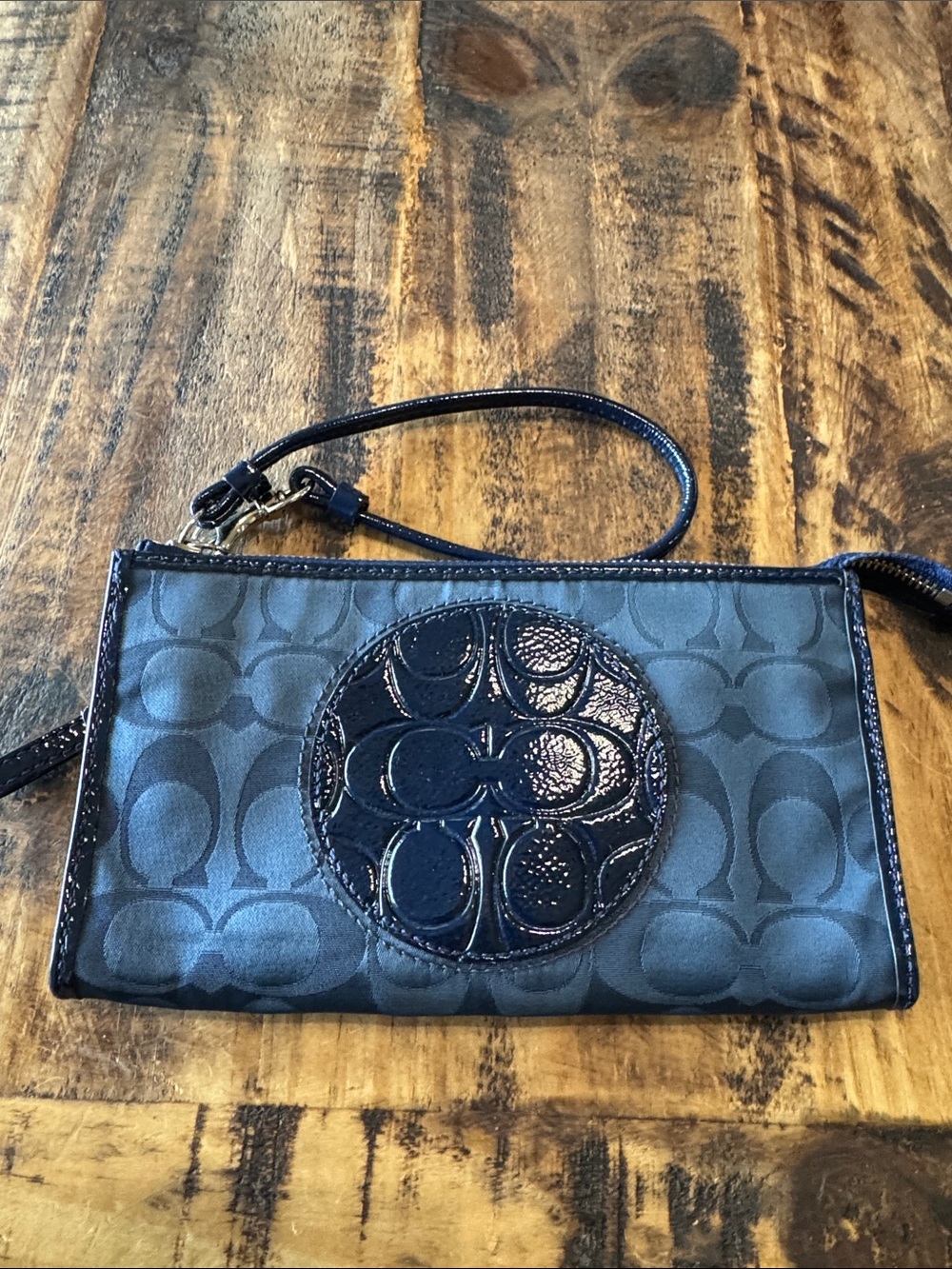 Coach Black Signature Wristlet with Gloss Logo Patch